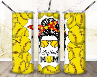 Messy Bun Mom Softball Design For 20oz Skinny Tumbler Sublimation, Softball Mom Tumbler PNG File, Mother Game Day Tumbler For Softball Lover