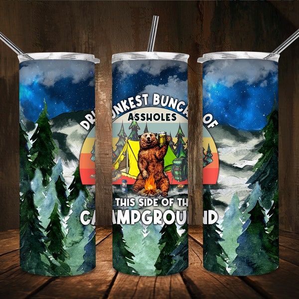 Drunkest Bunch Design For 20oz Skinny Tumbler Sublimation,Retro Side Of The Campground Tumbler PNG File, Drinking Tumbler For Camping Lovers