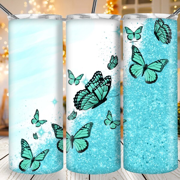 Teal Butterfly Design For 20oz Skinny Tumbler Sublimation,Cute Butterflies Flying Tumbler PNG File, Glitter Teal Tumbler For Butterfly Lover