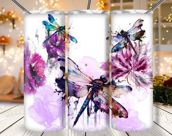 Alcohol Ink Dragonfly Design For 20oz Skinny Tumbler Sublimation,Floral Dragonflies Tumbler PNG File,Cute Flower Tumbler Gift For Bird Lover