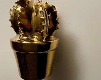 Little Gold Ceramic Cactus! Use as a Paperweight or Decor Item!No Green Thumb Needed!