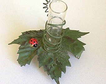 FAIRYLAND -- Tiny "Grape Leaf" Flower Vase, with Sweet Little Lady Bug!