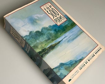 May include: A book titled "The Top 500 Poems" with a watercolor painting of a landscape on the cover. The book is a Columbia Anthology edited by William Harmon.