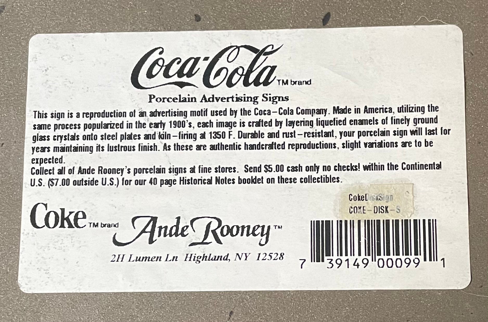 COCA-COLA Sign, Vintage “enamel-on-steel” by Ande Rooney