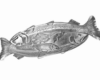 Salmon Platter — Or Speckled Trout!?  Gorgeous Vintage Arthur Court Aluminum Serving Platter with Two Carnelian Eyes! Luscious Design!