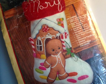 Gingerbread Man Christmas Stocking! Sew an Adorable Gingerbread Man and His House with this Beautiful VINTAGE Craft Kit!