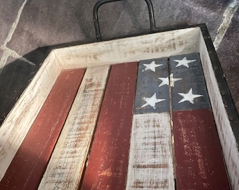 TRAY! “Americana” Flag Serving Tray! Patriotic! Large and Gorgeous with Forged Metal Handles, Metal Trim, Fabulous “Distressed” Look!