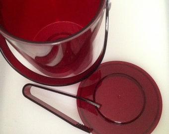 Red Ice Bucket!  Gorgeous Shiny Lustrous Translucent RED Plastic Vintage Ice Bucket with Red Tongs and Lid!  SO BEAUTIFUL!
