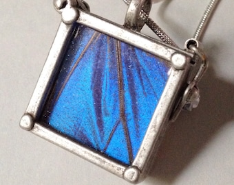 May include: A silver pendant necklace with a square frame containing a preserved blue butterfly wing. The pendant is attached to a silver chain.