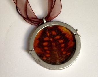 May include: A round pendant necklace with a silver-colored metal frame. The pendant features a section of a butterfly wing with brown and orange patterns. The necklace has a brown ribbon.