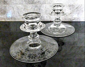 Candle Holders! Fostoria “Royal Etch” Very Vintage —  GORGEOUS! Set of Two, 1920s — 1930s! Very Elegant and RARE!