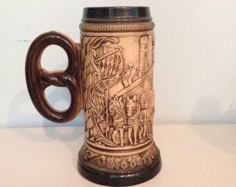 Pretzel-Handled Large German Beer Stein with Brewery Scene, Horses and Wagon, Musician, Banners! FABULOUS!