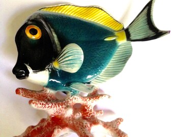 GOEBEL Porcelain Fish! A Beautiful Powder Blue Tang Glides Atop Delicate Branches of Coral! Gorgeous!