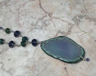 Green and Violet Agate and Crystal Necklace