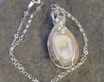 Geode Druzy Necklace - Pink and Cream - Silver Wire Wrapped