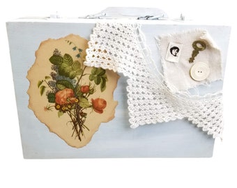 Hand Decorated Original Mixed Media Collage Art Wooden Keepsake Treasure Stash Box With Handle