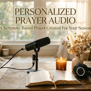Puede incluir: Un micrófono negro en un soporte, una vela encendida, un jarrón con flores secas y auriculares negros alrededor de un libro abierto con un marcapáginas de cruz dorada. El texto dice: PERSONALIZED PRAYER AUDIO A Scripture-Based Prayer Created For Your Season.