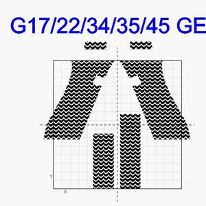 Puede incluir: Un diseño gráfico en blanco y negro de una flecha estilizada que apunta hacia arriba. El diseño está en una cuadrícula con el texto "G17/22/34/35/45 GEN 5" en la parte superior.