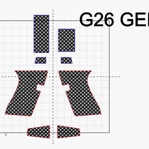 May include: A schematic diagram featuring black and red patterned shapes, including grip outlines and rectangular forms, against a grid background. The text "G26 GEN 4" is displayed in black, indicating a product model.