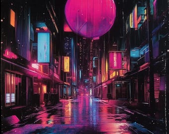May include: A neon-lit city street at night with a large pink circle in the sky. The street is wet from rain and reflects the neon lights. The buildings are tall and narrow, with many windows. There are signs with text in a foreign language.