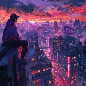 Puede incluir: Una persona con una chaqueta con capucha se sienta en una azotea con vistas al horizonte de una ciudad al atardecer. La ciudad está iluminada con luces rosas y moradas, y el cielo es de un rojo y naranja vibrantes.