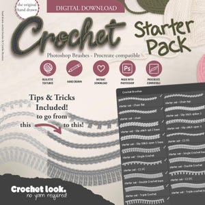 Puede incluir: Un gráfico de descarga digital para un paquete de inicio de crochet con pinceles de Photoshop compatibles con Procreate. La imagen incluye texto, iconos y un panel de vista previa que muestra varios patrones de puntos de crochet.