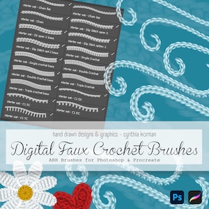 May include: Digital Faux Crochet Brushes for Photoshop & Procreate. The image shows a variety of crochet brush designs, including chain, slip stitch, and single crochet patterns. A daisy and a red heart are also visible.