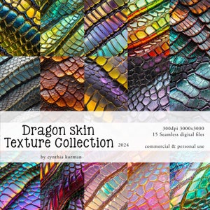 Könnte beinhalten: Eine Sammlung von 15 nahtlosen digitalen Drachenhauttexturen in leuchtenden, schillernden Farben. Jede Textur ist 3000x3000 Pixel groß und hat 300 dpi.  Dragon skin Texture Collection 2024 von cynthia korman. Kommerzielle und private Nutzung.