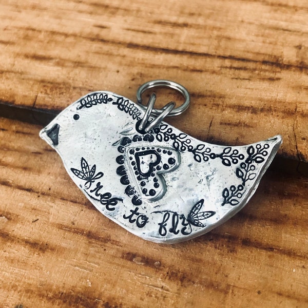 Free Spirit Folkart Bird Pewter Keychain | Inspirational Pewter Pocket Stone | Handstamped Made in USA