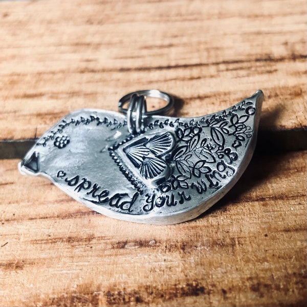 Folkart Bird Solid Pewter Keychain - Spread Your Wings Inspirational Pewter Pocket Stone | Handstamped Made in USA