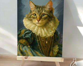 Op maat gemaakt renaissance kattenportret, koninklijke huisdierkunst, gepersonaliseerd kattencadeau, harde afdruk