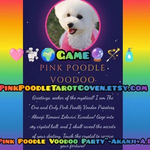 May include: A graphic featuring a white poodle in a pink collar, set against a dark blue background with stars. Text includes "GAME", "PINK POODLE. VOODOO.", and a website address. The image has a rainbow border.