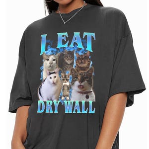 Op de afbeelding: Een antracietgrijs T-shirt met korte mouwen en een grafische print van vijf katten omringd door blauwe vlammen. De tekst "I EAT" staat in het blauw boven de katten en "DRY WALL" in het blauw eronder, met een zilveren ketting zichtbaar.