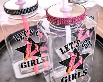 Let's Go Girls Cup, 16 oz, Girls Trip, Birthday Party Cup with Rhinestones, Music Festival Cup, Cowgirl Hat Straw, Nashville Party Cup