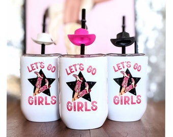 Let's Go Girls Cup, Cowgirl Tumbler, 12 oz Stainless Steel Cup, Western Cowgirl Cup, Bride Party Cup Cowgirl Hat Straw, Nashville Party Cup