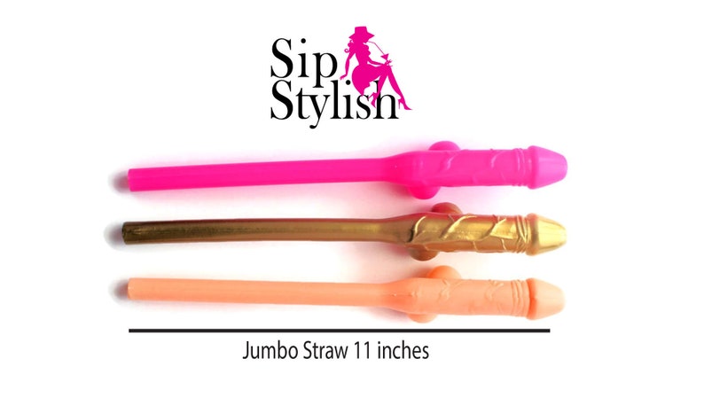 Jumbo, large bachelorette party penis straws.  Hot pink, Metallic gold, beige colors.