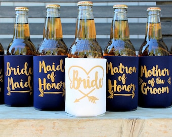 Bride Tribe Can Coolers, Bachelorette Party, Bridesmaid, Maid of Honor, Bridesmaid Proposal gift, ask Bridesmaid, Favors, Navy and Gold