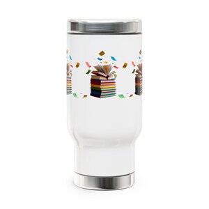 Books & Coffee Lovers Travel Mug 14oz Insulated Tumbler Gift for Readers and Students, Book Club, Library, Study Aid, Cozy Vibes