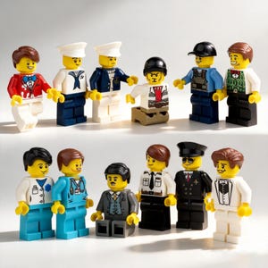 May include: A collection of Lego minifigures, each with a unique outfit and expression. The figures represent various professions and roles, including a sailor, doctor, and a person in a tuxedo. The figures are brightly colored and detailed.