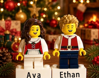 Gepersonaliseerde kerstminifiguur cadeau stel, aangepaste tekenset steenstijl, handgemaakte vakantieaandenken, kerstcadeau voor hem/haar