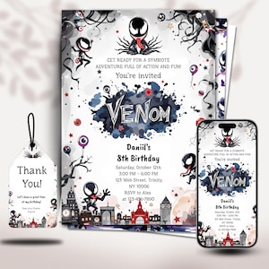Venom verjaardagsuitnodiging, bewerkbare sjabloon, uitnodiging superschurk feest, Dark Hero verjaardagsuitnodiging, Venom-thema voor kinderen