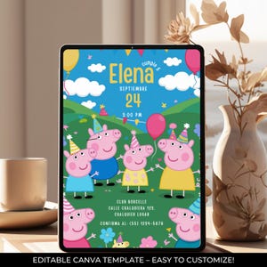 Invito di compleanno modificabile di Pepa the Pig, invito per festa di compleanno per bambine, modello Canva con cartoni animati rosa, stampabile e in formato telefono, download immediato