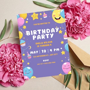 Convite de aniversário roxo editável – Modelo Canva para festa, adulto ou infantil – Convite com tema violeta – Download instantâneo