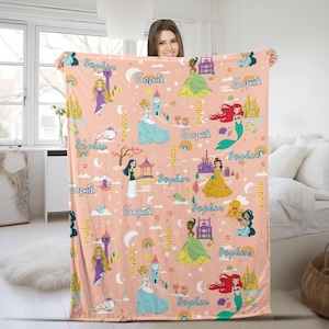Custom Disney Princess Blanket, Custom Name Baby Girl Blanket, Disney Princess Birthday Girl Gift, WDW Disneyland Princess UMZG07