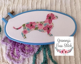 Jack Russell Terrier Cross Stitch, Floral Dog Silhouette, Framed Home Decor
