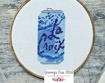 La Croix can, pure, modern cross stitch, sparkling water, fun home decor, wall art