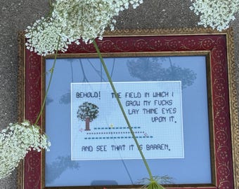 Behold the field cross stitch, wall hanging mature, fun home decor