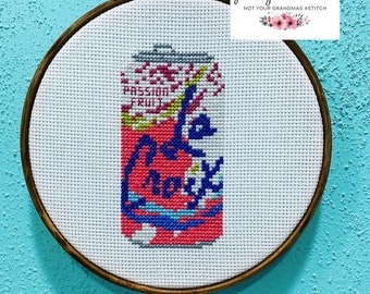 La Croix can, Passion fruit, modern cross stitch, sparkling water, fun home decor, wall art
