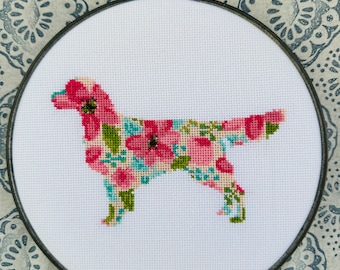 Golden Retriever floral wall art, modern cross stitch, silhouette, mans best friend, fun home decor, wall art