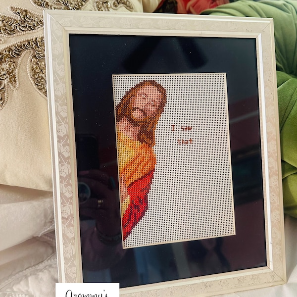 I saw that, peeping Jesus meme, snarky finished cross stitch, fun wall decor